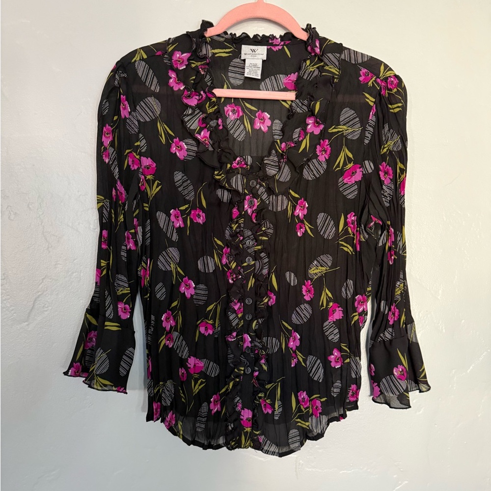 Worthington Black Blouse with Pink and Green Floral Design (A21)